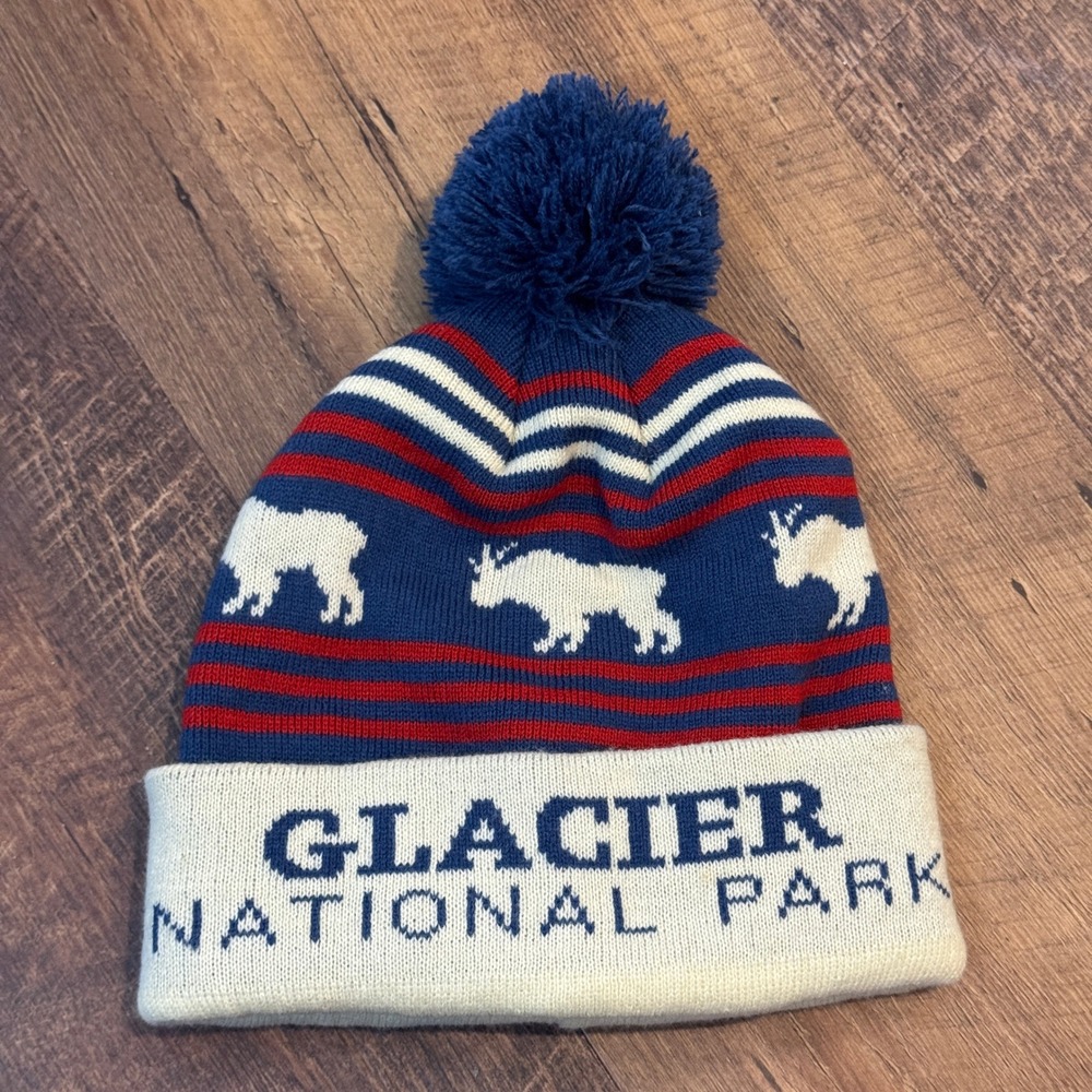 Locale Glacier National Park Beanie‎ Hat Pom Red Blue White Goat Design Knit Hat